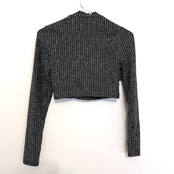 SHEIN Black Silver Metallic Striped Cross Front Cutout Long Sleeve Crop Top 8 10 - Picture 9 of 11